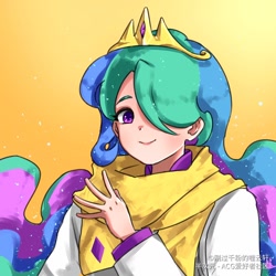 Size: 1024x1024 | Tagged: dead source, safe, artist:刚过千粉的噬云轩, princess celestia, human, g4, anime, clothes, crown, female, hair over one eye, humanized, jewelry, looking at you, regalia, smiling, solo