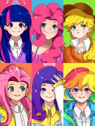 Size: 1200x1600 | Tagged: dead source, safe, artist:刚过千粉的噬云轩, applejack, fluttershy, pinkie pie, rainbow dash, rarity, twilight sparkle, human, g4, anime, applejack's hat, bust, clothes, cowboy hat, cute, dashabetes, diapinkes, female, hat, humanized, jackabetes, looking at you, mane six, one eye closed, portrait, raribetes, shirt, shyabetes, smiling, smiling at you, tongue out, twiabetes, wink
