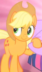 Size: 363x617 | Tagged: safe, screencap, applejack, twilight sparkle, earth pony, pony, g4, the beginning of the end, applejack's hat, confident, cowboy hat, cropped, female, happy, hat, holding hooves, looking at you, offscreen character, smiling, solo focus