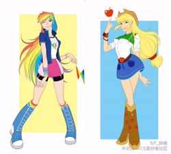 Size: 7538x6786 | Tagged: dead source, safe, artist:k_妙杨, applejack, rainbow dash, equestria girls, g4, boots, clothes, compression shorts, cowboy boots, cowboy hat, denim skirt, duo, female, hat, human coloration, looking at you, shoes, skirt, smiling at you, standing