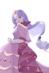 Size: 1181x1748 | Tagged: dead source, safe, artist:chee, rarity, human, g4, clothes, dress, female, gala dress, gown, humanized, jewelry, looking at you, looking back, princess costume, solo