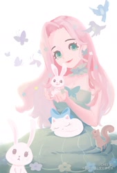 Size: 1181x1748 | Tagged: dead source, safe, artist:chee, fluttershy, bird, butterfly, cat, human, rabbit, squirrel, g4, animal, clothes, dress, female, humanized, kneeling, looking at you, simple background, smiling at you, solo, strapless, white background