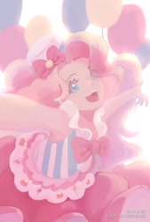 Size: 1181x1748 | Tagged: dead source, safe, artist:chee, pinkie pie, human, g4, balloon, clothes, dignified wear, dress, female, gala dress, humanized, solo