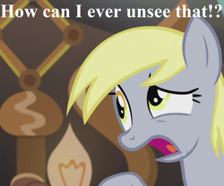 Size: 1296x1080 | Tagged: safe, edit, edited screencap, editor:korora, screencap, derpy hooves, g4, slice of life (episode), cropped, doctor whooves' lab, horrified, reaction image, speech, talking, what has been seen