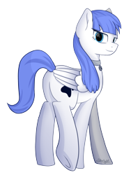Size: 2583x3435 | Tagged: safe, artist:starlight, oc, oc only, oc:snow pup, pegasus, pony, butt, collar, flirting, high res, lidded eyes, lifted leg, looking back, pet tag, plot, simple background, solo, transparent background