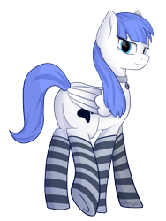 Size: 2583x3435 | Tagged: safe, alternate version, artist:starlight, oc, oc only, oc:snow pup, pegasus, pony, butt, clothes, collar, flirting, high res, lidded eyes, lifted leg, looking back, pet tag, plot, simple background, socks, solo, striped socks, transparent background