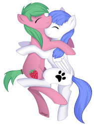 Size: 5000x6598 | Tagged: safe, artist:starlight, oc, oc only, oc:pine berry, oc:snow pup, earth pony, pegasus, pony, collar, cuddling, eyes closed, folded wings, nuzzling, simple background, transparent background, wings