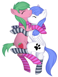 Size: 5000x6598 | Tagged: safe, alternate version, artist:starlight, oc, oc only, oc:pine berry, oc:snow pup, earth pony, pegasus, pony, clothes, collar, cuddling, eyes closed, folded wings, nuzzling, scarf, simple background, socks, striped socks, transparent background, wings