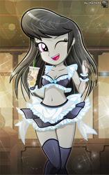 Size: 526x838 | Tagged: safe, artist:charliexe, octavia melody, equestria girls, g4, belly button, breasts, cleavage, clothes, cuffs (clothes), cute, female, looking at you, maid, midriff, octamaid, one eye closed, open mouth, paraskirt, skirt, smiling, socks, solo, stockings, tavibetes, thigh highs, wink