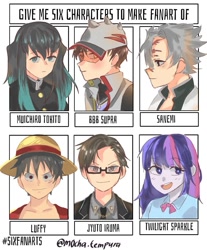 Size: 1039x1253 | Tagged: safe, twilight sparkle, human, equestria girls, g4, :d, boboiboy, bust, clothes, crossover, female, glasses, hst, hypnosis mic, kimetsu no yaiba, male, monkey d. luffy, necktie, one piece, open mouth, six fanarts, smiling, visor