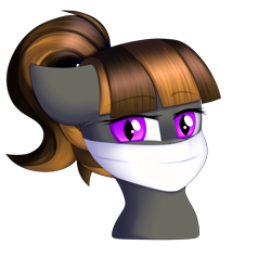 Size: 3500x3500 | Tagged: safe, artist:xcinnamon-twistx, oc, oc only, oc:mythic dawn, bat pony, pony, bat pony oc, bust, cloth gag, commission, eyebrows, eyebrows visible through hair, face mask, female, gag, gag under mask, hair tie, high res, looking at you, mare, mask, ponytail, portrait, simple background, solo, transparent background, ych result