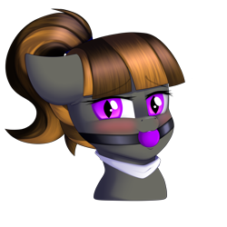 Size: 3500x3500 | Tagged: safe, artist:xcinnamon-twistx, oc, oc only, oc:mythic dawn, bat pony, pony, ballgag, bat pony oc, blushing, bust, commission, eyebrows, eyebrows visible through hair, face mask, female, gag, hair tie, high res, looking at you, mare, ponytail, portrait, simple background, solo, transparent background, ych result