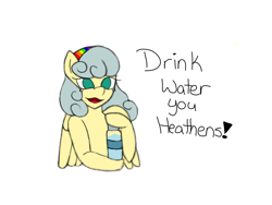 Size: 2048x1536 | Tagged: safe, artist:mintymelody, oc, oc only, oc:rainbow ribbon, pegasus, semi-anthro, dialogue, simple background, solo, water bottle, white background