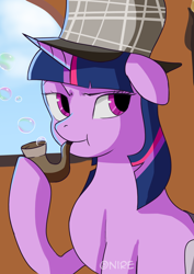 Size: 2480x3508 | Tagged: safe, artist:nire, twilight sparkle, pony, unicorn, g4, mmmystery on the friendship express, bubble pipe, deerstalker, detective, female, hat, high res, mare, pipe, sherlock holmes, sherlock sparkle, solo, unicorn twilight