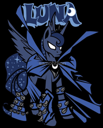 Size: 1112x1380 | Tagged: safe, artist:samoht-lion, princess luna, alicorn, pony, g4, black background, cape, clothes, crossover, female, luna spawn, mare, needs more jpeg, simple background, solo, spawn, spiked bracers, spikes, watermark, white eyes