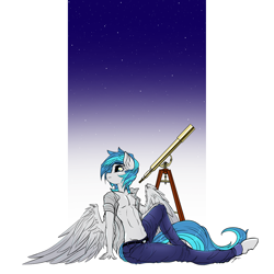 Size: 1500x1500 | Tagged: safe, artist:mirapony, oc, oc only, pegasus, anthro, unguligrade anthro, clothes, digital art, looking away, male, pants, pegasus oc, shirt, simple background, solo, spread wings, telescope, wings
