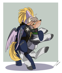 Size: 2844x3336 | Tagged: safe, artist:buckweiser, oc, oc:miranda rights, oc:white thorn, deer, pegasus, pony, abstract background, armor, arrested, clothes, cyberpunk, duo, goggles, high res, nighthaze, police, sierra nevada, so done, struggle, struggle snuggle
