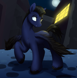 Size: 2443x2480 | Tagged: safe, artist:mirapony, oc, oc only, pegasus, pony, building, commission, digital art, eye scar, half blind, high res, male, night, scar, solo, spread wings, stallion, tail, window, wings, wounded warriors
