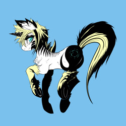 Size: 1405x1405 | Tagged: safe, artist:mirapony, oc, oc only, oc:wasp, oc:wasp (mirapony), pony, unicorn, black hair, blonde hair, blue background, blue eyes, cutie mark, digital art, female, hooves, horn, latex, looking at you, mare, simple background, solo, tail
