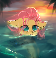 Size: 826x858 | Tagged: source needed, useless source url, safe, artist:haokan, fluttershy, pegasus, pony, g4, beach, cute, female, sketch, solo, sunset, swimming, unfinished art, water, wave, wip