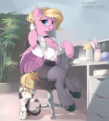 Size: 3150x3500 | Tagged: safe, artist:dreamweaverpony, oc, oc:miss karen, cat, pegasus, pony, blouse, calico, chest fluff, clothes, female, glasses, hair bun, high heels, high res, jewelry, kitten, mare, necklace, phone, receptionist, secretary, shoes, skirt, stockings, tail bun, thigh highs