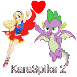 Size: 800x800 | Tagged: safe, spike, dragon, human, g4, cape, clothes, crossover, crossover shipping, flying, heart, karaspike, shipping, simple background, spikexsupergirl, supergirl, vector, white background, winged spike, wings
