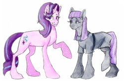 Size: 1280x840 | Tagged: safe, artist:sugarwhiskerzartz, maud pie, starlight glimmer, earth pony, pony, unicorn, g4, duo, female, simple background, white background