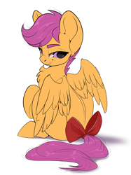 Size: 2248x3000 | Tagged: safe, artist:skitsroom, scootaloo, pegasus, pony, g4, bow, cute, cutealoo, female, filly, high res, lidded eyes, looking back, mare, sitting, smiling, solo, tail bow