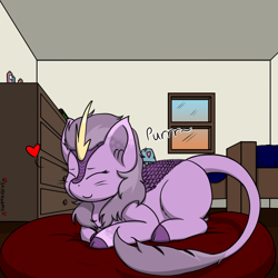 Size: 1000x1000 | Tagged: safe, artist:skydreams, oc, oc:nebula eclipse, kirin, bed, behaving like a cat, bottle, commission, cushion, cute, dresser, eyes closed, female, heart, kirin oc, kirinbetes, lamp, mare, perspective, ponyloaf, purring, ych result
