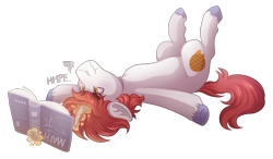 Size: 4800x2800 | Tagged: safe, artist:monnarcha, oc, oc only, oc:stroopwafeltje, pony, unicorn, book, legs in air, lying down, magic, male, netherlands, on back, ponycon holland, simple background, solo, stallion, telekinesis, transparent background, upside down