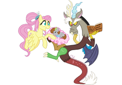 Size: 2388x1668 | Tagged: safe, artist:chelseawest, discord, fluttershy, oc, oc:gaia, draconequus, g4, baby, book, cloud, draconequus oc, female, lying down, lying on a cloud, magical discordian spawn, magical parthenogenic spawn, male, offspring, older, older fluttershy, on a cloud, parent:discord, petalverse, simple background, story included, transparent background