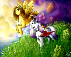 Size: 2500x2000 | Tagged: safe, artist:degrun, artist:demonfromsnuffbox, oc, oc only, bat pony, pegasus, pony, cloud, collaboration, duo, grass, high res, scenery
