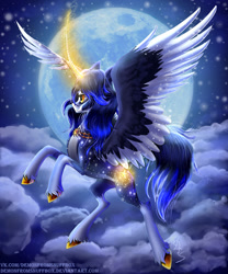 Size: 2000x2400 | Tagged: safe, artist:demonfromsnuffbox, oc, oc only, alicorn, pony, alicorn oc, cloud, curved horn, flying, high res, horn, moon, solo, two toned wings, wings