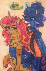 Size: 1024x1573 | Tagged: safe, artist:creative-blossom, princess luna, sunset shimmer, alicorn, pony, unicorn, g4, beauty mark, butt, choker, clothes, clothes swap, colored, costume swap, crown, cute, ear piercing, earring, female, jewelry, magic, mare, moonbutt, piercing, redesign, regalia, sitting, smiling, sunlight, traditional art
