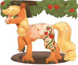 Size: 1280x1067 | Tagged: safe, artist:alabasterpeony, applejack, earth pony, pony, g4, appaloosa, apple, apple tree, colored hooves, cowboy hat, female, hat, mare, simple background, solo, transparent background, tree, unshorn fetlocks