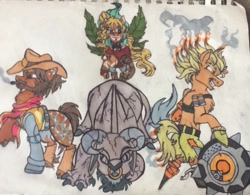 Size: 1024x799 | Tagged: safe, artist:creative-blossom, mccree, oc, oc:goliath, oc:lewella, earth pony, gargoyle, pony, amputee, artificial wings, augmented, battle pose, battle ready, cigar, colored, cowboy, crouching, female, fight, flying, frown, goat gargoyle, grin, jesse mccree, jumping, junkrat, magic, magic wings, male, mare, nose piercing, on fire, on hind legs, overwatch, piercing, prosthetic limb, prosthetics, smiling, smirk, smoke, smoking, stallion, standing, tire, traditional art, wings