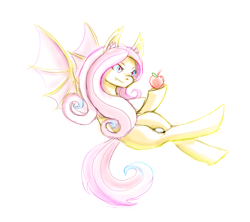 Size: 2300x2039 | Tagged: safe, artist:artifex670, fluttershy, bat pony, pony, g4, apple, bat ponified, colored sketch, female, flutterbat, food, high res, looking at something, mare, race swap, simple background, solo, white background