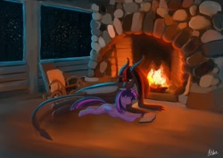 Size: 1280x905 | Tagged: safe, artist:artifex670, twilight sparkle, oc, oc:flazy, alicorn, dracony, dragon, hybrid, pony, g4, alicorn oc, book, canon x oc, dracony alicorn, female, fire, fireplace, floppy ears, horn, lying down, mare, night, prone, shipping, twilight sparkle (alicorn), window, wings