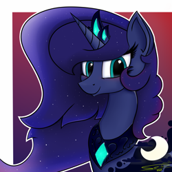 Size: 4000x4000 | Tagged: safe, artist:ser-p, princess luna, alicorn, pony, g4, absurd resolution, bust, crown, ethereal mane, female, jewelry, mare, portrait, regalia, smiling, solo, starry mane