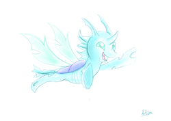 Size: 4960x3508 | Tagged: safe, artist:artifex670, changeling, blue changeling, colored sketch, cute, cuteling, fangs, flying, simple background, smiling, solo, white background