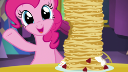 Size: 1280x720 | Tagged: safe, screencap, pinkie pie, earth pony, pony, castle sweet castle, g4, female, food, looking at you, mare, pancakes