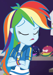 Size: 725x1035 | Tagged: safe, screencap, rainbow dash, dashing through the mall, equestria girls, equestria girls specials, g4, my little pony equestria girls: better together, my little pony equestria girls: holidays unwrapped, canterlot, clothes, cloud, cropped, crossed arms, cute, dashabetes, eyes closed, female, geode of super speed, hoodie, jacket, jewelry, magical geodes, multicolored hair, necklace, pants, rainbow, rainbow hair, raised eyebrow, shirt, short sleeves, store, t-shirt, thunderbolt, wristband