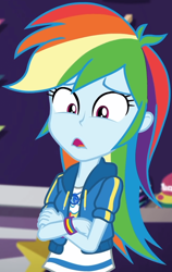 Size: 655x1035 | Tagged: safe, screencap, rainbow dash, dashing through the mall, equestria girls, equestria girls series, g4, holidays unwrapped, spoiler:eqg series (season 2), canterlot mall, clothes, cloud, cropped, crossed arms, female, geode of super speed, hoodie, jacket, jewelry, looking down, magical geodes, multicolored hair, necklace, pants, rainbow, rainbow hair, shirt, short sleeves, store, t-shirt, thunderbolt, wristband