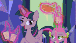 Size: 1280x720 | Tagged: safe, artist:caligari87, edit, edited screencap, screencap, spike, twilight sparkle, alicorn, dragon, pony, g4, animated, annoyed, cinemagraph, cup, discovery family logo, distracted, drinking straw, gif, spill, spilled drink, twilight sparkle (alicorn)