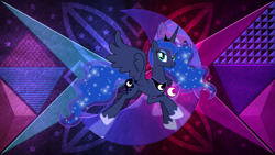 Size: 3840x2160 | Tagged: safe, artist:jennieoo, artist:laszlvfx, edit, princess luna, alicorn, pony, g4, cutie mark, ethereal mane, female, high res, looking at you, mare, show accurate, smiling, solo, starry mane, wallpaper, wallpaper edit