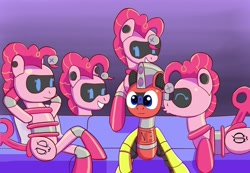 Size: 1280x887 | Tagged: safe, artist:trackheadtherobopony, pinkie pie, oc, oc:trackhead, pony, robot, robot pony, g4, couch, kissing, lucky bastard, multeity, pinkie bot, piper perri surrounded, roboticization, too much pink energy is dangerous