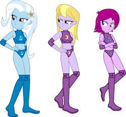 Size: 1300x1200 | Tagged: safe, artist:marcusvanngriffin, fuchsia blush, lavender lace, trixie, equestria girls, g4, my little pony equestria girls: rainbow rocks, annoyed, clothes, crossed arms, cute, cutie mark, elbow pads, female, hand on hip, looking sideways, simple background, sports, sports bra, sports panties, tag team, transparent background, trio, trio female, trixie and the illusions, wrestler, wrestling
