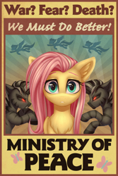Size: 1536x2304 | Tagged: safe, artist:setharu, fluttershy, pegasus, pony, zebra, fallout equestria, g4, anti-war, caricature, crossover, demonization, fallout, fanfic, fanfic art, female, hooves, looking at you, mare, ministry mares, ministry of peace, older, older fluttershy, poster, propaganda, propaganda poster, red eyes, text, wings