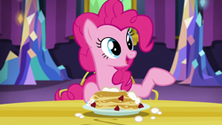 Size: 1280x720 | Tagged: safe, screencap, pinkie pie, earth pony, pony, castle sweet castle, g4, female, food, mare, pancakes, solo