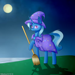 Size: 2000x2000 | Tagged: safe, artist:brilliant-luna, trixie, pony, unicorn, g4, broom, cape, clothes, ear fluff, female, full moon, hat, high res, moon, night, raised hoof, river, solo